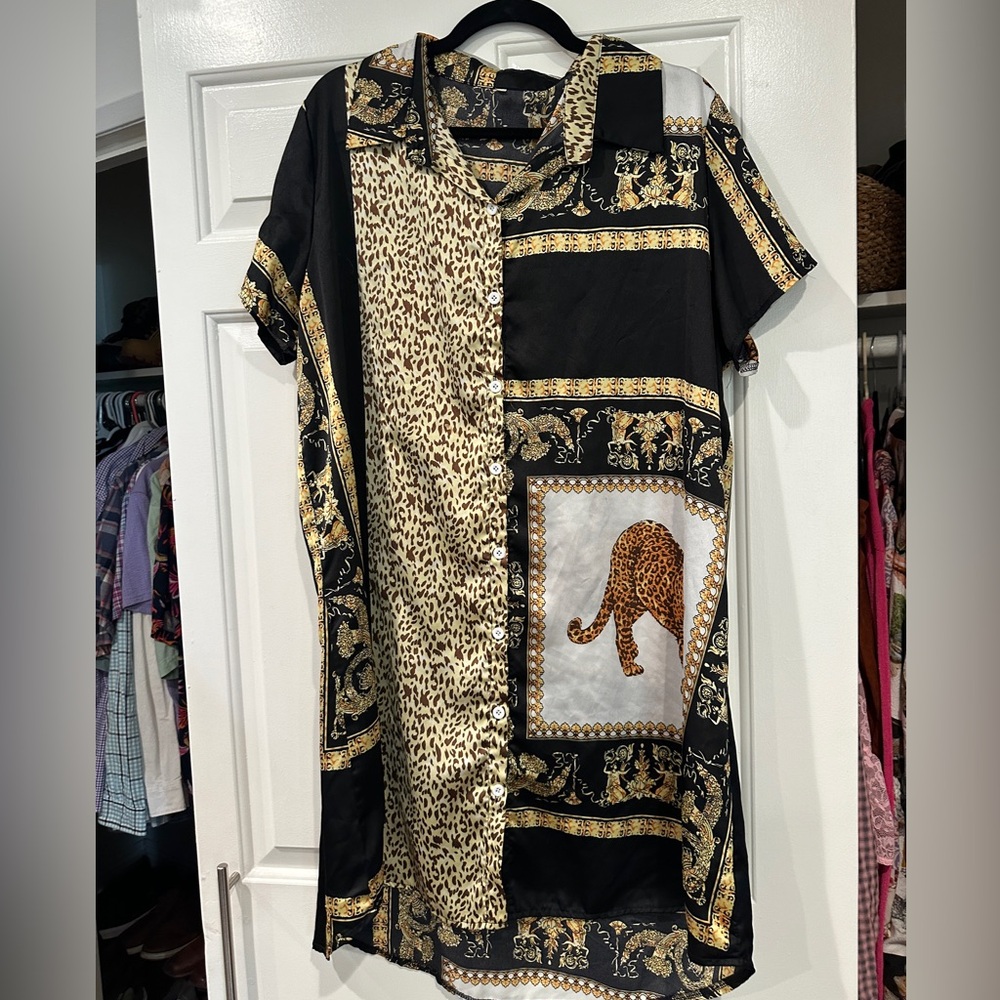 3x Versace style button down satin shirt dress